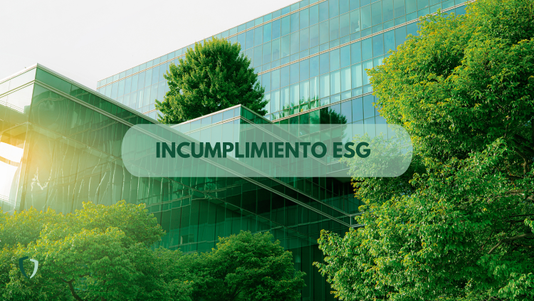 Un edificio rodeado de árboles y plantas y unas letras que dicen "incumplimiento esg"